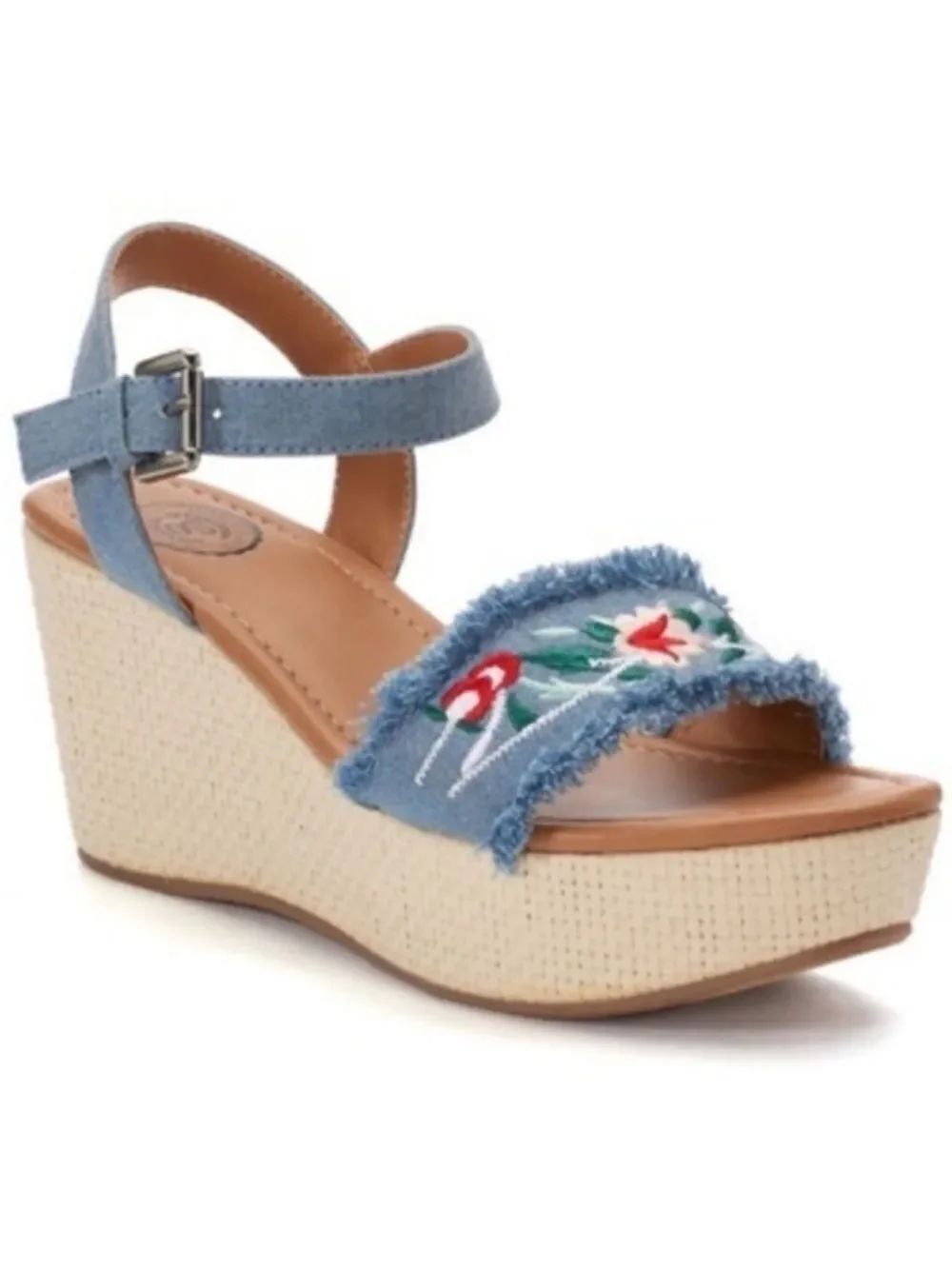 So 7.5 Ice Fish Embroidered Denim Wedge Sandals